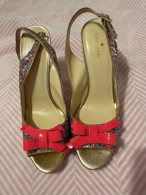 kate spade Gold Glitter Slingback Heels with Pink Bow